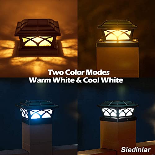 Siedinlar Solar Post Cap Lights Outdoor, 2 Modes Solar Powered Waterproof Fence Deck Light for 4x4 5x5 6x6 Posts Garden Patio Decoration Warm White & Cool White, Black (2 Pack)