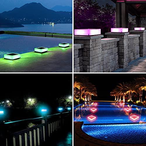 ILIKEPOW Solar Lights Outdoor Lighting Colour Changing for Posts, Deck, Fence, Patio, Garden, Pond, Swimming Pool Post Cap Lamp Waterproof RGB Colours