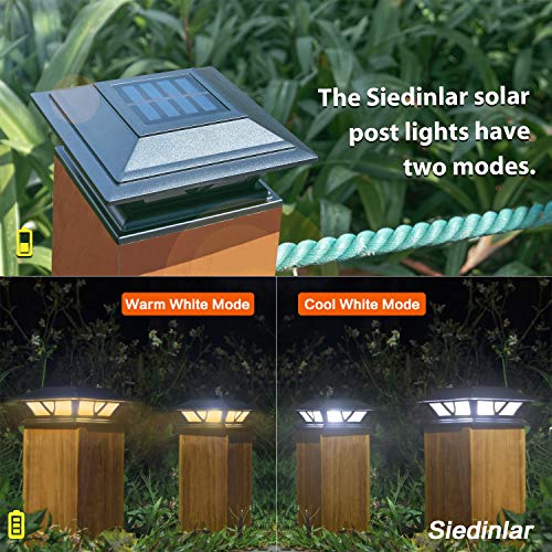 Siedinlar Solar Post Lights Outdoor 2 Modes LED Deck Fence Cap Light for 4x4 5x5 6x6 Posts Patio Garden Decoration Warm White/Cool White Lighting Black (2 Pack)