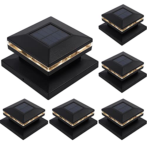 Dynaming 6 Pack Solar Post Lights, Outdoor Decorative Post Cap Light, Solar Powered Black Shell Caps, High Brightness Warm White SMD LED Lighting for Fence Deck Patio, Fit 4x4, 5x5 or 6x6 Wooden Post