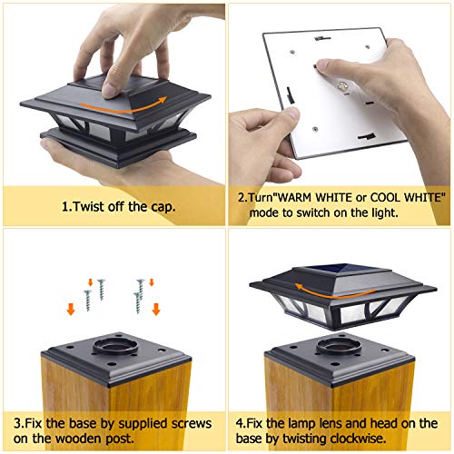 Siedinlar Solar Post Lights Outdoor 2 Modes LED Deck Fence Cap Light for 4x4 5x5 6x6 Posts Patio Garden Decoration Warm White/Cool White Lighting Black (2 Pack)
