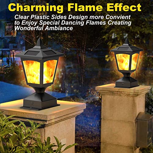 Solar Post Light,Outdoor Post Cap Light Flickering Flame Light for Fence, 4 x 4 Led Waterproof Deck Lamp Post Top Solar Powered Light for Pathway Garden Patio Yard Landscape Decoration, Black (2 pack)
