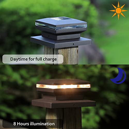 Dynaming 6 Pack Solar Post Lights, Outdoor Decorative Post Cap Light, Solar Powered Black Shell Caps, High Brightness Warm White SMD LED Lighting for Fence Deck Patio, Fit 4x4, 5x5 or 6x6 Wooden Post
