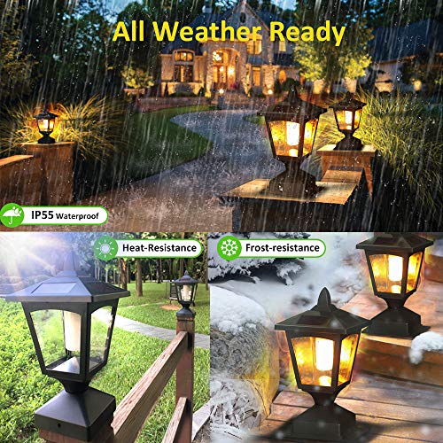 Solar Post Light,Outdoor Post Cap Light Flickering Flame Light for Fence, 4 x 4 Led Waterproof Deck Lamp Post Top Solar Powered Light for Pathway Garden Patio Yard Landscape Decoration, Black (2 pack)