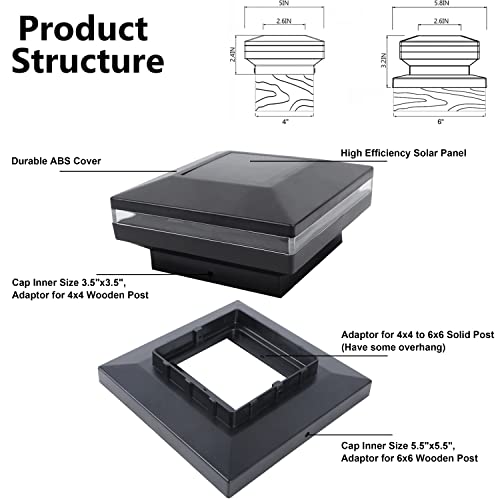 Dynaming 6 Pack Solar Post Lights, Outdoor Decorative Post Cap Light, Solar Powered Black Shell Caps, High Brightness Warm White SMD LED Lighting for Fence Deck Patio, Fit 4x4, 5x5 or 6x6 Wooden Post