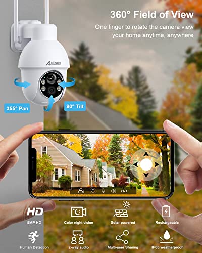 ANRAN 5MP Security Camera Outdoor Wireless with 360° View, Solar Security Camera Outdoor, Smart Siren/Spotlights, Two-way Talk, Humanoid Detection, Works with Alexa, Q3 Max White