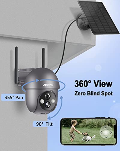 ANRAN 2K Security Camera Outdoor Wireless with 360° View, Solar Security Camera Outdoor with Smart Siren, Spotlights, Human Detection, 2-Way Audio, Color Night Vision, Work with Alexa, Q01 Grey