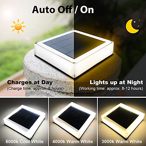 ILIKEPOW 2pcs Solar Lights Outdoor for Posts, Deck, Fence, Patio, Garden Post Cap Lamp Waterproof Lighting Colour Temperature Adjustable 3000K, 4000K, 6000K