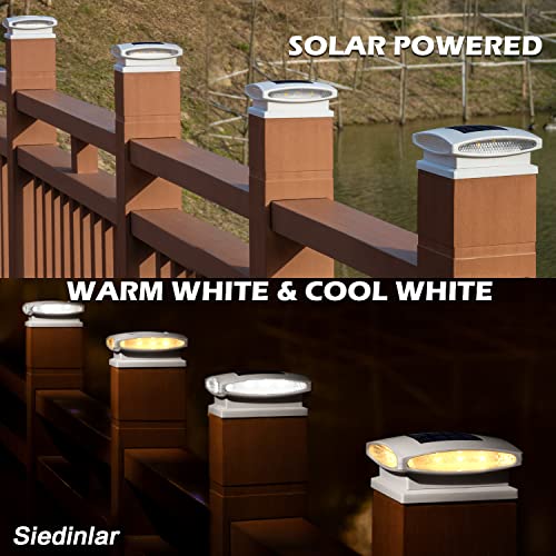 Siedinlar Solar Post Cap Lights Outdoor, 2 Modes 24 LED Solar Powered Fence Deck Light for 4x4 5x5 6x6 Posts Garden Patio Decoration Warm White & Cool White, White (2 Pack)