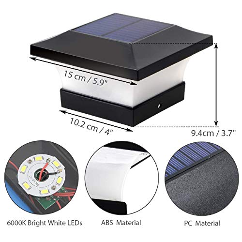 Solar LED Post Lights Waterproof Garden Outdoor Post Cap Lamp for 4x4 Wooden Posts, Deck, Fence, Daylight White 6000K 2pcs
