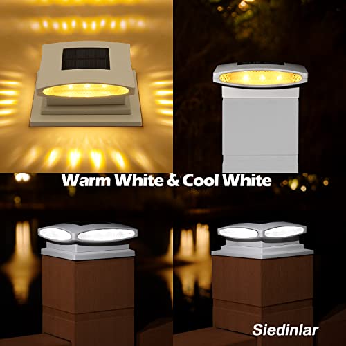 Siedinlar Solar Post Cap Lights Outdoor, 2 Modes 24 LED Solar Powered Fence Deck Light for 4x4 5x5 6x6 Posts Garden Patio Decoration Warm White & Cool White, White (2 Pack)