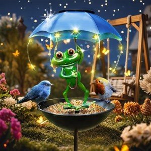 Solar Umbrella Bird Feeder with LED String Lights