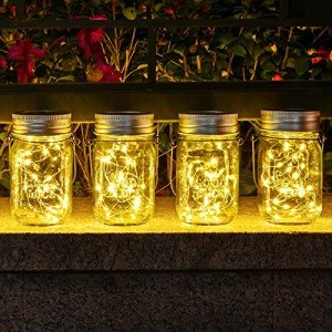 Solpex Solar Mason Jar Lights, 4 Pack Solar Garden Lights 30 LED Mason Jar Solar Lights Waterproof Solar Lanterns Outdoor/Indoor Hanging Lantern Mason Jar for Garden, Patio, Courtyard Wedding Party