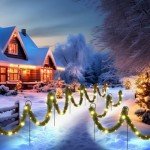 Daifunli 50 ft Pre Lit Christmas Garland Pathway Lights Outdoor Solar Christmas Green Garland with 100 LED Christmas Lights with Walkway Stakes for Yard Outdoor Christmas Decor