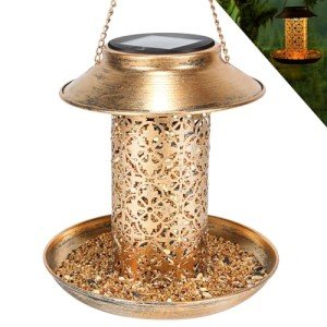MLEPXBO Solar Bird Feeder, Durable Metal Outdoor Bird Feeders Hanging Station, Wild Bird Feeder with Solar LED Light, Squirrel Proof Bird Feeder for Balcony Garden Decoration