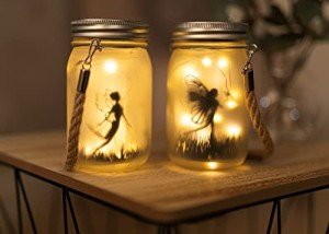 Garden Mile 2 x Solar Powered Hanging Fairy Lantern Fairy Garden Accessories Outdoor Decorations Mason Jar Lighting with 30 LEDs Firefly Lights Garden Solar Lantern Jar 2 Pack Hanging Decoration