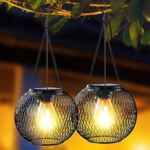 Ortiny Solar Lights Outdoor Garden Waterproof IP65 Garden Ornaments Outdoor Solar Hanging Lanterns 2 Pack Metal Garden Lights Holiday Decorations for Patio Lawn Gifts for Women Christmas