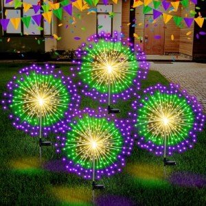 Tujoe 4 Pcs Mardi Gras Solar Firework Stake Lights 180 LED 8 Modes Solar Lights Waterproof LED Lights Outdoor Decoration for Yard Pathway Garden Decor