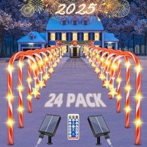 Christmas Solar Candy Cane Pathway Lights Decorations Outdoor Yard 24 Pack Candy Canes Lights for Christmas Lawn Decorations Outdoor, 8 Modes & Timer with Stake Waterproof Lights for Lawn Front Yard