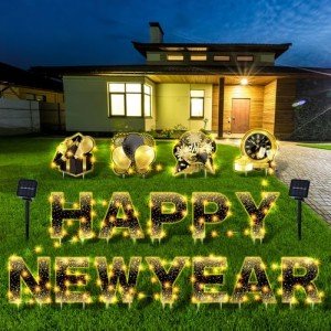 Memorywuu 16 Pieces 13'' Happy New Year Yard Signs with Stakes and 2 Solar String Light New Year Lawn Sign Outdoor Decorations Yard Supplies for Home Garden Party, Black and Gold