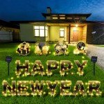Memorywuu 16 Pieces 13'' Happy New Year Yard Signs with Stakes and 2 Solar String Light New Year Lawn Sign Outdoor Decorations Yard Supplies for Home Garden Party, Black and Gold