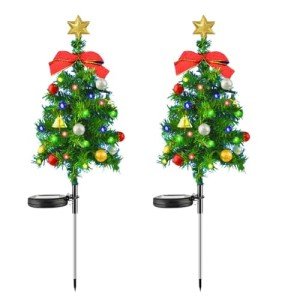 2 Pack Solar Christmas Decor Tree Lights,Solar Xmas Pathway Lights with Bow and Bell, Outdoor Garden Waterproof Solar Stake Lights Xmas Tree Garden Decor for Pathway Lawn Patio (2 Pack)