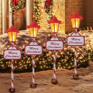 Christmas Solar Pathway Lights Outdoor - 4 Pack Waterproof Flickering Flames Candy Cane Stake Markers Lights, 12 Bright LED for Christmas Patio, Yard, Driveway Decoration (Red