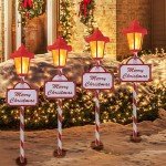 Christmas Solar Pathway Lights Outdoor - 4 Pack Waterproof Flickering Flames Candy Cane Stake Markers Lights, 12 Bright LED for Christmas Patio, Yard, Driveway Decoration (Red