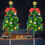 2 Pack Solar Christmas Decor Tree Lights,Solar Xmas Pathway Lights with Bow and Bell, Outdoor Garden Waterproof Solar Stake Lights Xmas Tree Garden Decor for Pathway Lawn Patio (2 Pack)