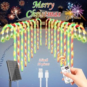 Solar Christmas Lights Outdoor,10 Sets Solar Christmas Candy Cane Lights with Remote Control USB Rechargeable Solar Panel,Waterproof Upgraded Pathway Stake Lights Outdoor for Garden Patio