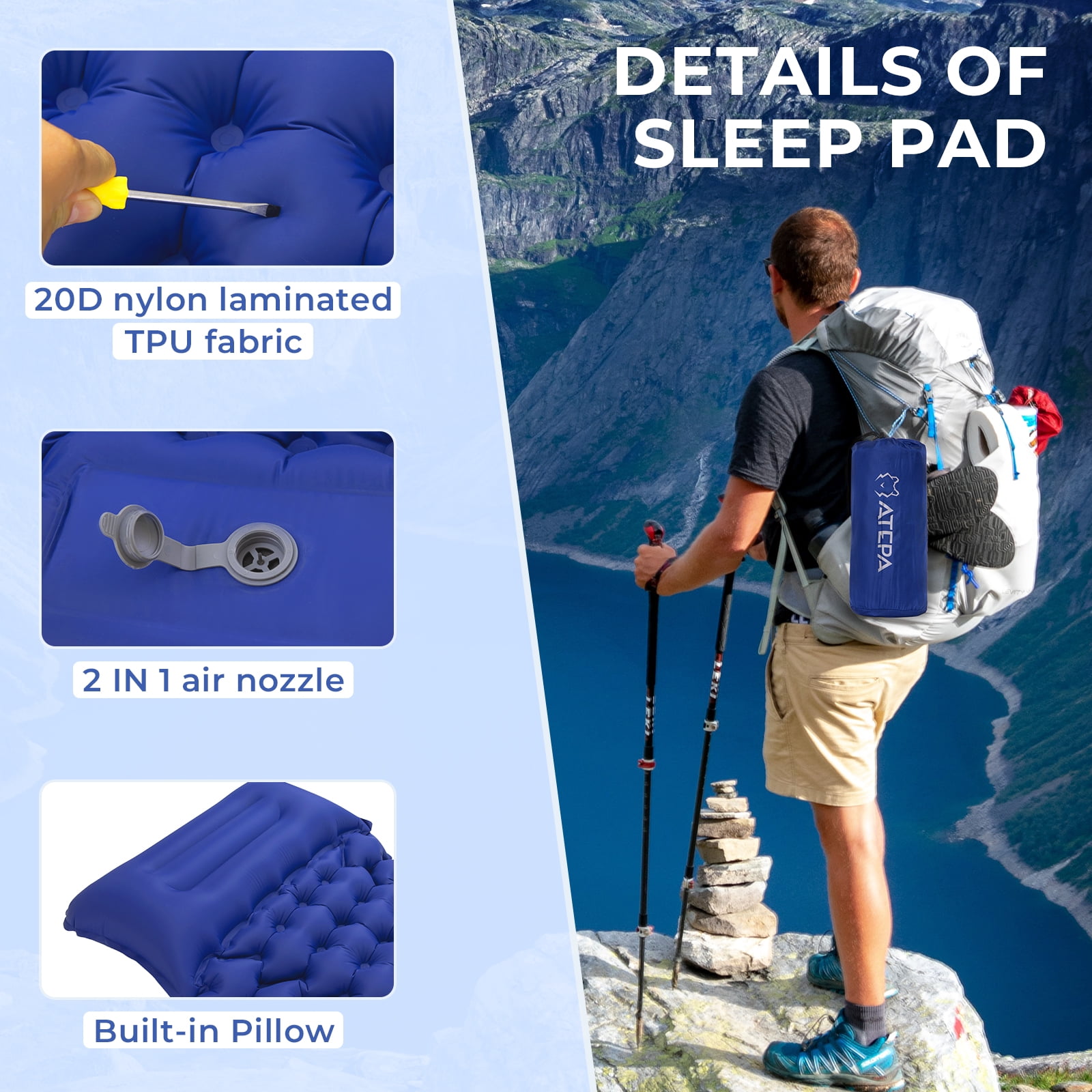 ATEPA Ultralight Inflatable Camping Air Mattress - Peacock Blue