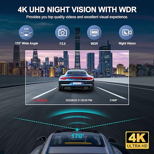 4K 3-Channel Dash Cam, Front & Rear Cameras