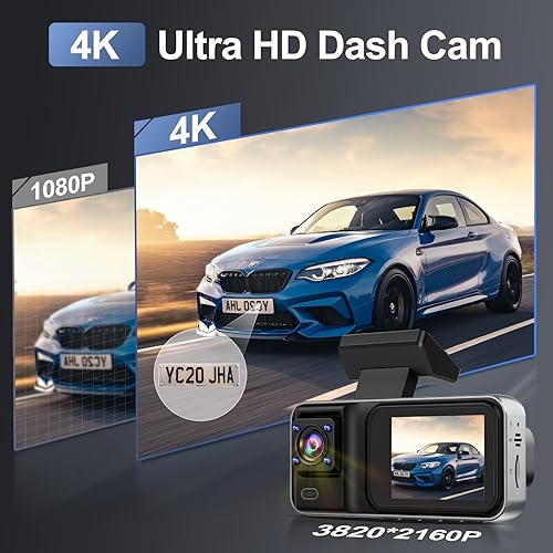 4K 3-Channel Dash Cam, Front & Rear Cameras