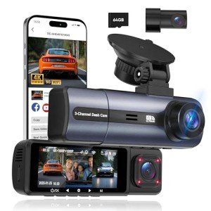 ORSKEY 3 Channel 4K Dash Cam with APP Control & 5GHz WiFi, 4K/2.5K+1080P+1080P Front Inside and Rear, Triple Dash Camera with 64GB Card, G-Sensor, 24 Hours Parking Mode, Loop Recording, Max 256GB