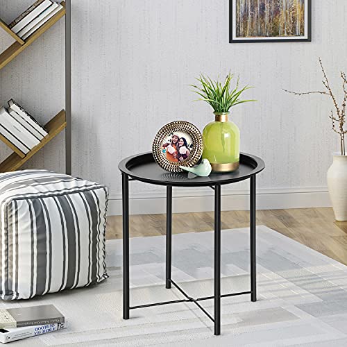 VECELO Round Metal Side Table Set, Black