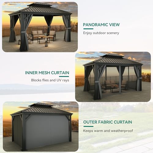 YITAHOME 10x12ft Hardtop Gazebo with Nettings and Curtains