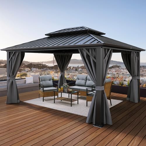 YITAHOME 10x12ft Hardtop Gazebo with Nettings and Curtains