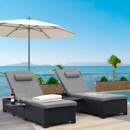 2 Black Rattan Outdoor Chaise Lounge Chairs with Cushions