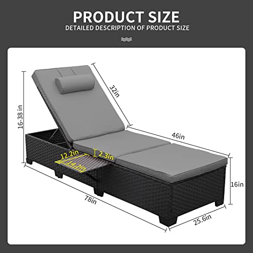 2 Black Rattan Outdoor Chaise Lounge Chairs with Cushions