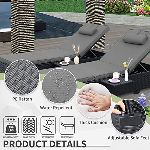 2 Black Rattan Outdoor Chaise Lounge Chairs with Cushions