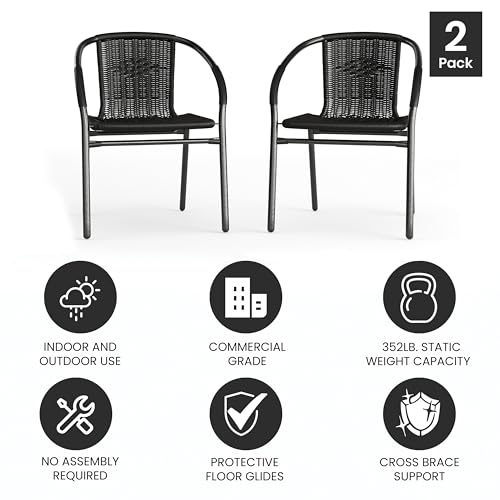 2 Pack Black Rattan Stack Chairs for Restaurants