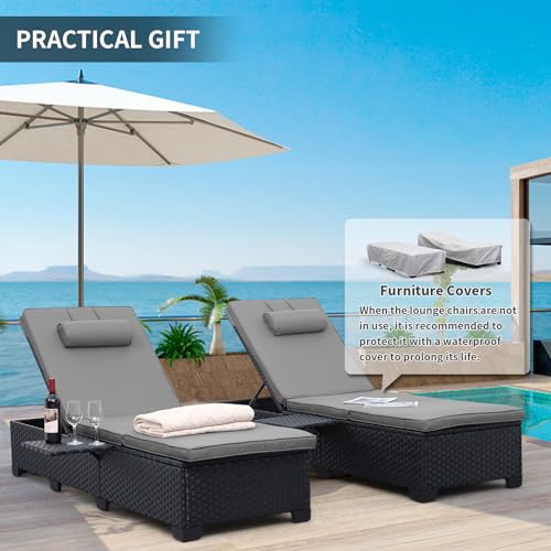 2 Black Rattan Outdoor Chaise Lounge Chairs with Cushions