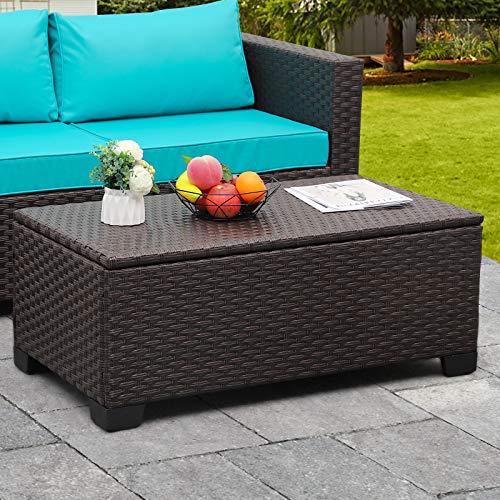 Brown Rattan Outdoor Storage Coffee Table with Cover