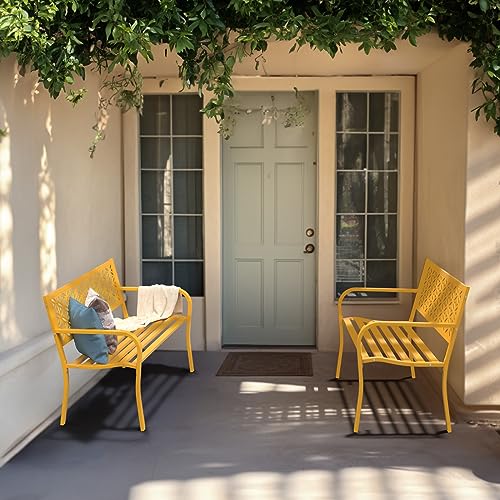 VINGLI 50" Floral Back Metal Outdoor Bench - Yellow