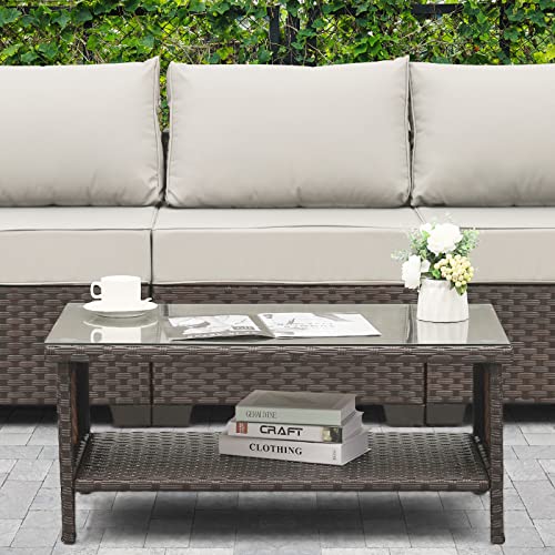 Brown Wicker Coffee Table with Glass Top and Storage