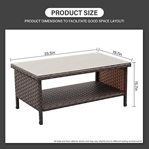 Brown Wicker Coffee Table with Glass Top and Storage