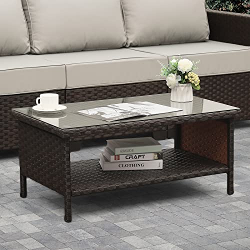 Brown Wicker Coffee Table with Glass Top and Storage