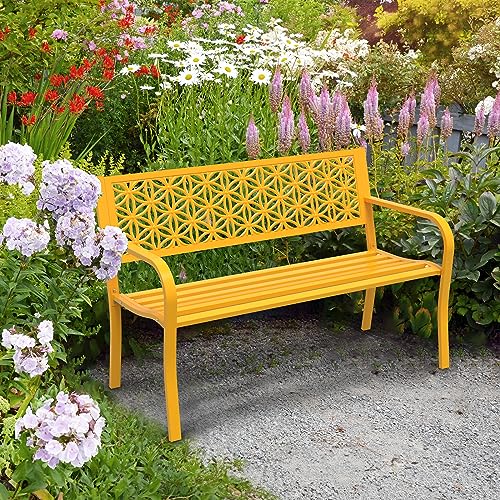 VINGLI 50" Floral Back Metal Outdoor Bench - Yellow