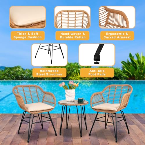 3 Piece Wicker Bistro Set with Table and Cushions