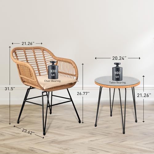 3 Piece Wicker Bistro Set with Table and Cushions